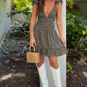 Olive Floral Swirly Straps Short Dress