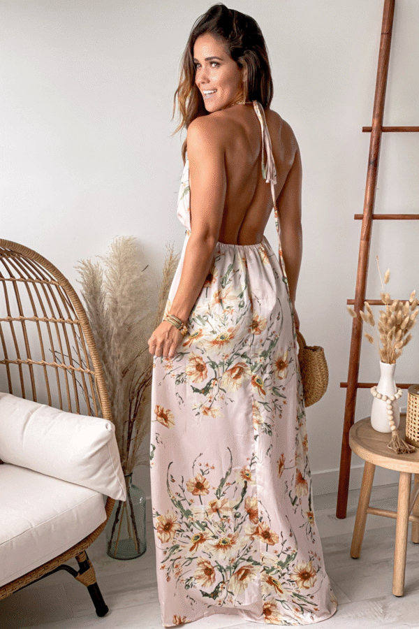 Pink Floral Halter Neck Maxi Dress With Slit - Image 2