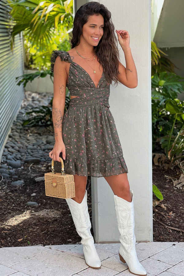 Olive Floral Swirly Straps Short Dress - Image 3